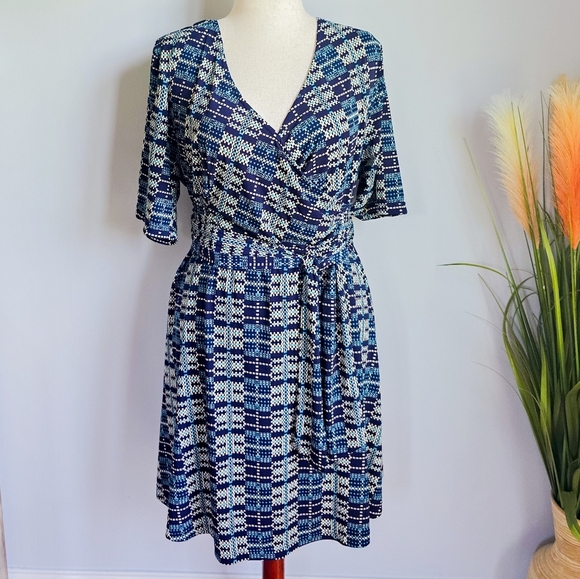 eShakti Blue Geometric Printed Wrap Surplice Jersey Knit Dress Custom Size 1X - Picture 1 of 11